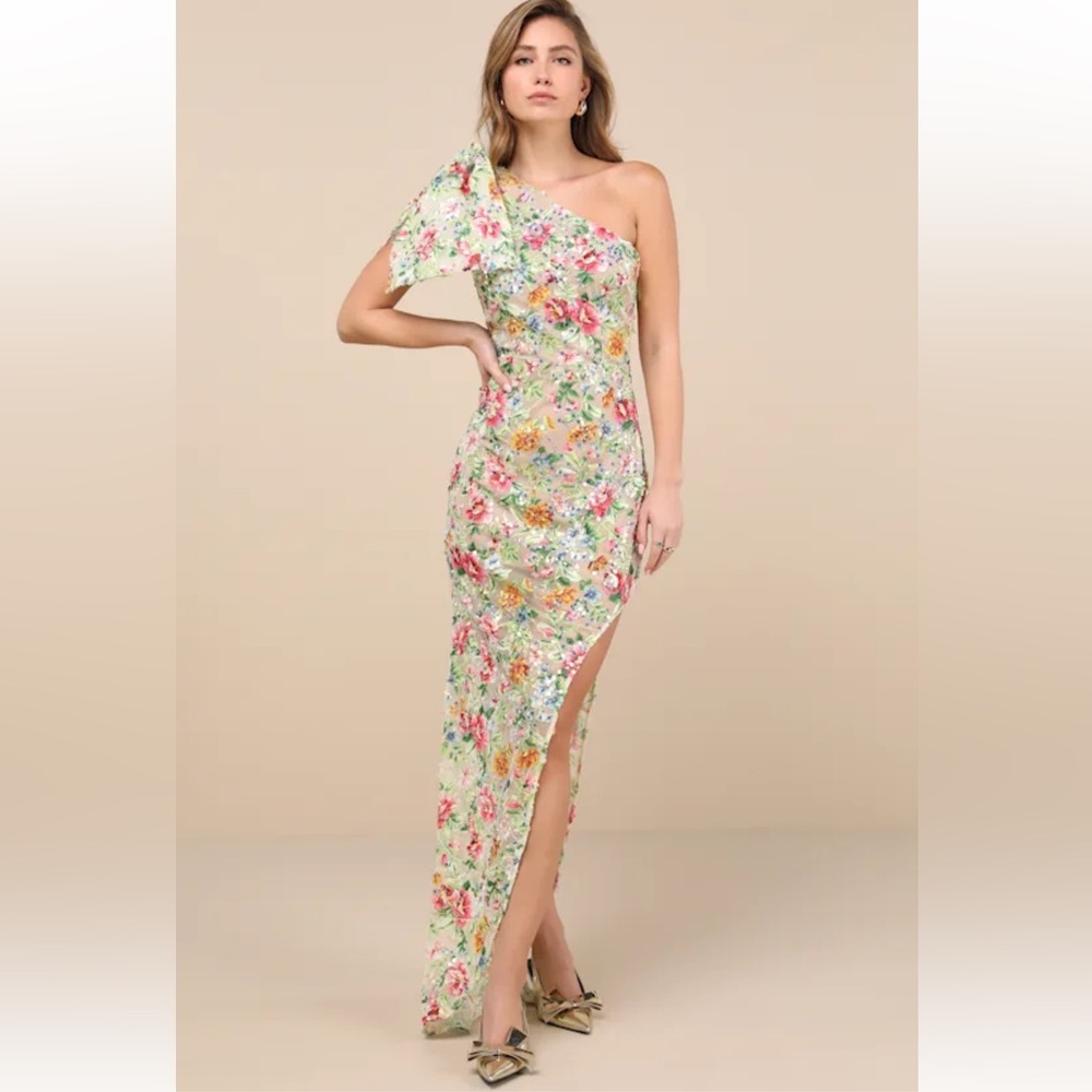 elliatt starla 3d floral sequin mesh one shoulder oversized 3d bow gown dress